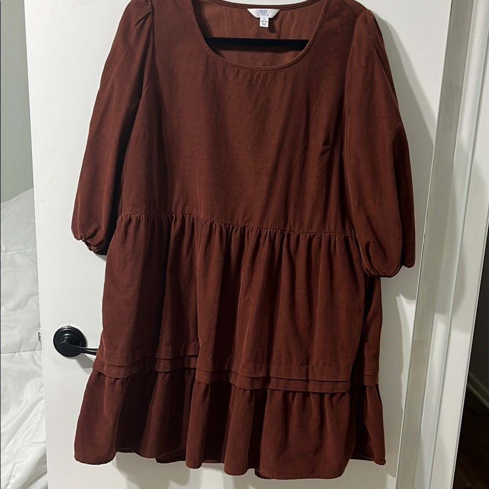 Brown Puff Sleeve Corduroy Midi Dress